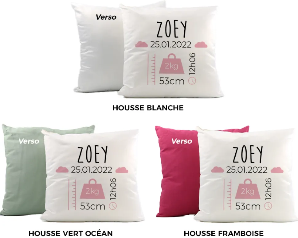 Coussin personnalisé bébé - Naissance Rose