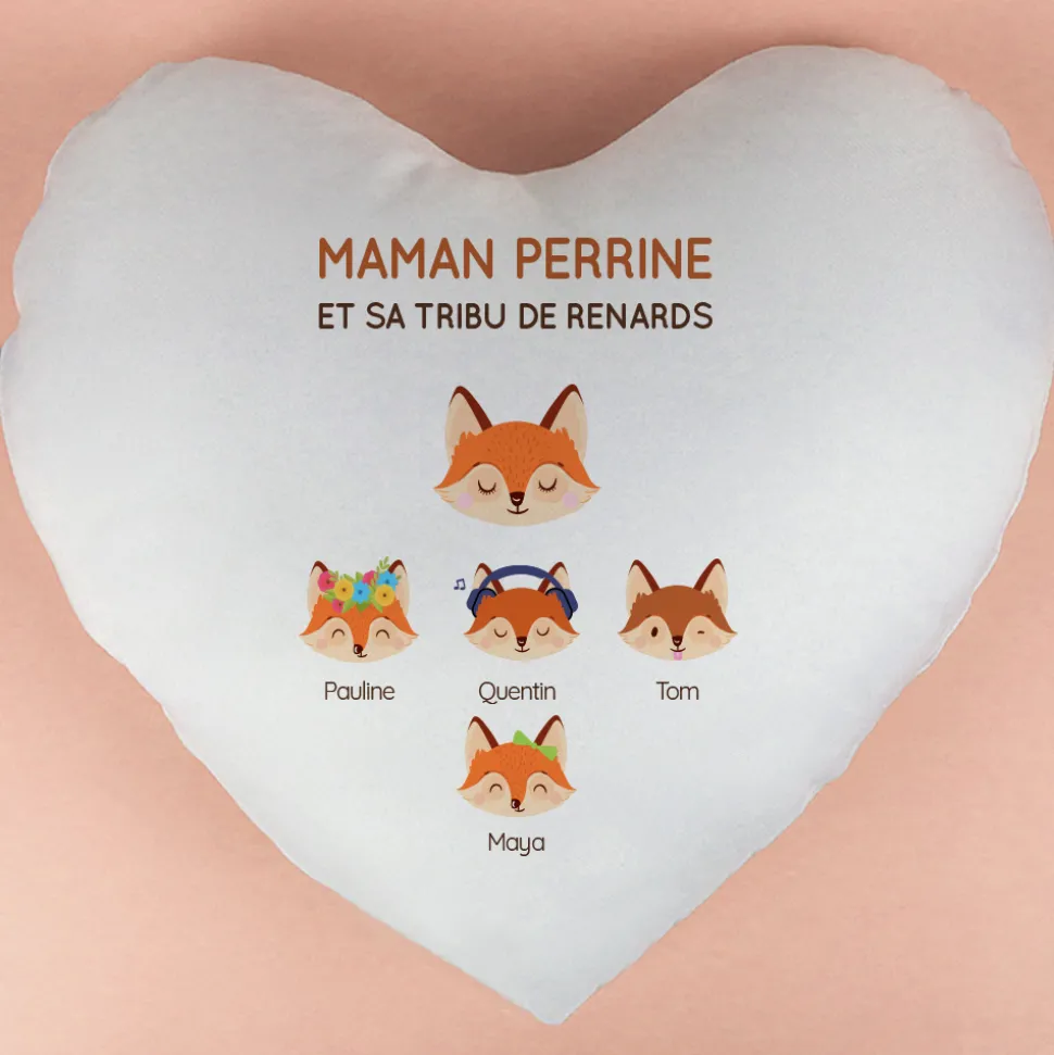 Coussin personnalisé coeur - Maman Renard et sa meute
