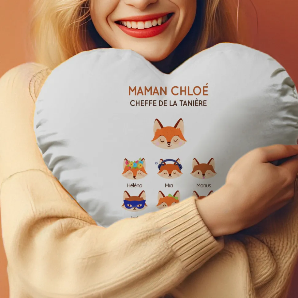 Coussin personnalisé coeur - Maman Renard et sa meute