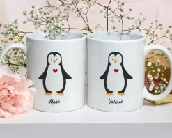 Duo de mugs personnalisés prénoms couple - Pingouins