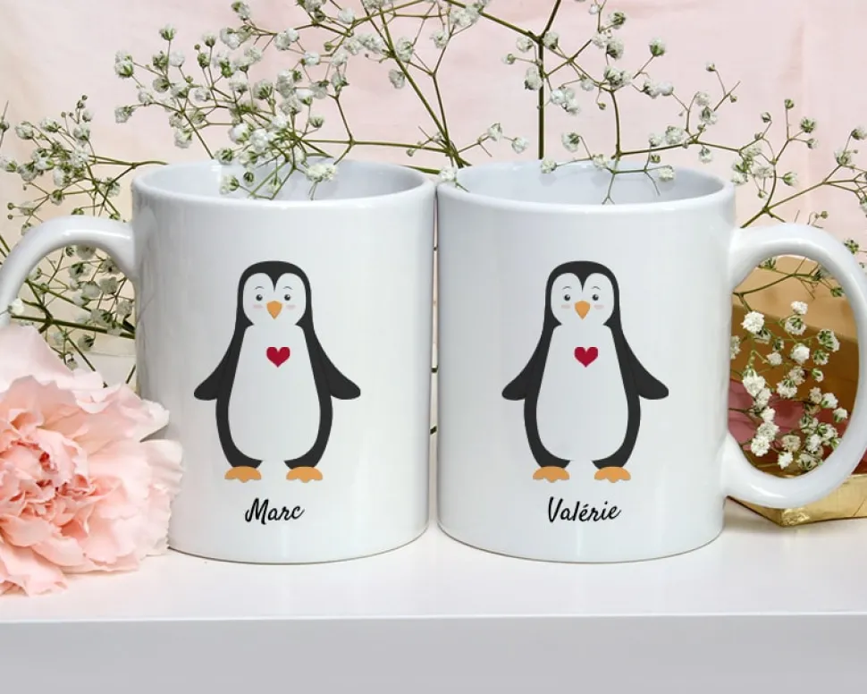 Duo de mugs personnalisés prénoms couple - Pingouins
