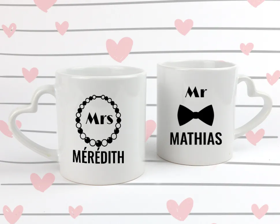 Duo de mugs personnalisés prénoms couple - Mr & Mrs