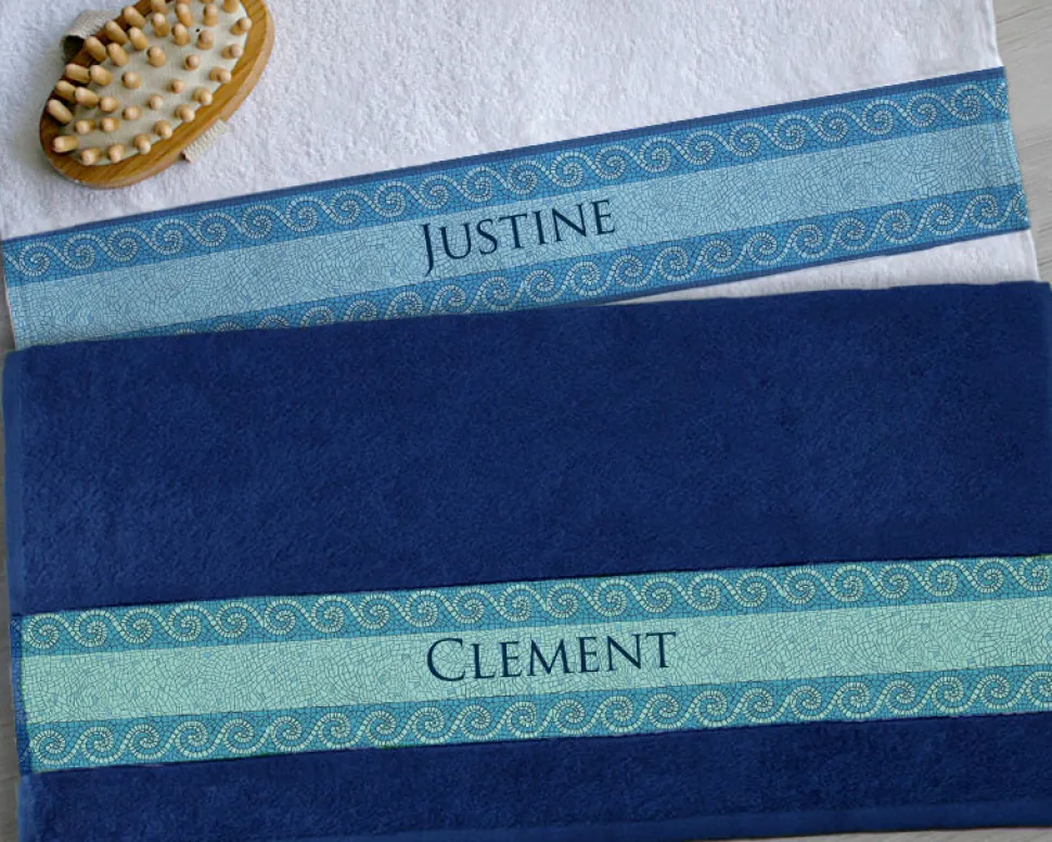 Duo de serviettes blanche et bleue Personnalisables - Mosaïque
