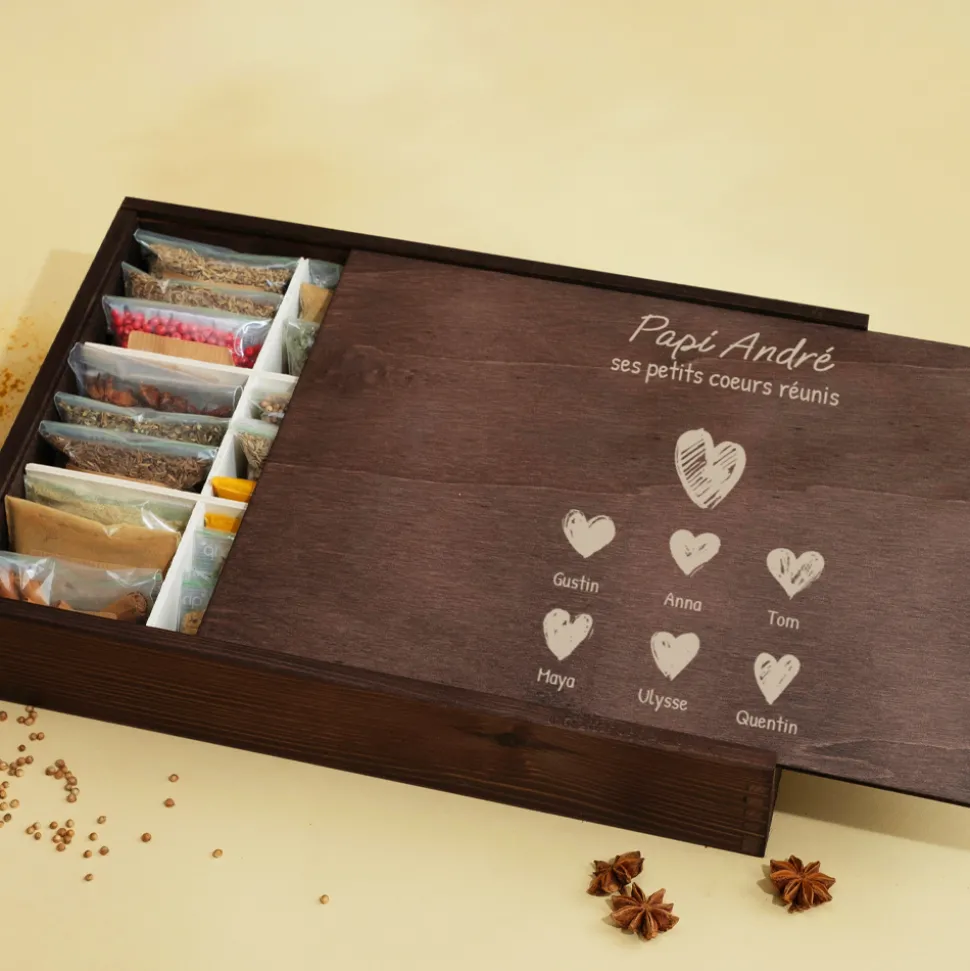 Grand coffret 36 épices personnalisé - Papi et ses petits coeurs