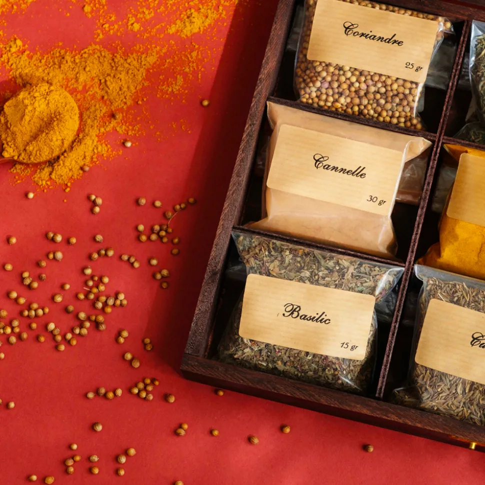 Grand coffret d'épices gravé - 36 épices du monde - Recette du Bonheur
