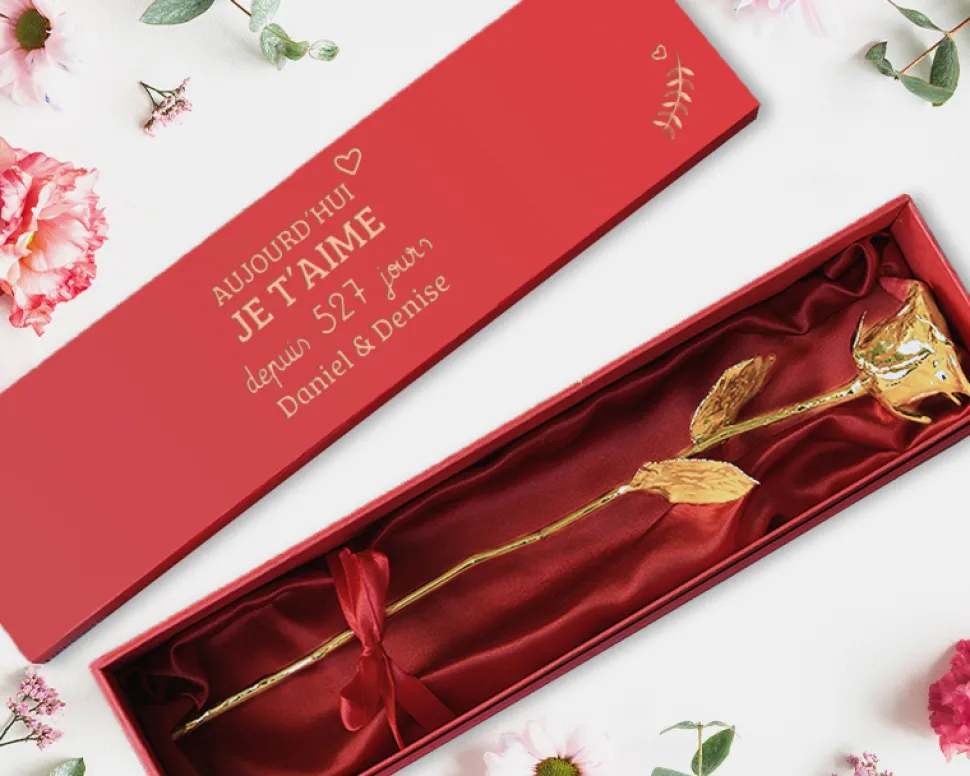 Grande rose en or dans son écrin personnalisable - Aujourd'hui je t'aime depuis