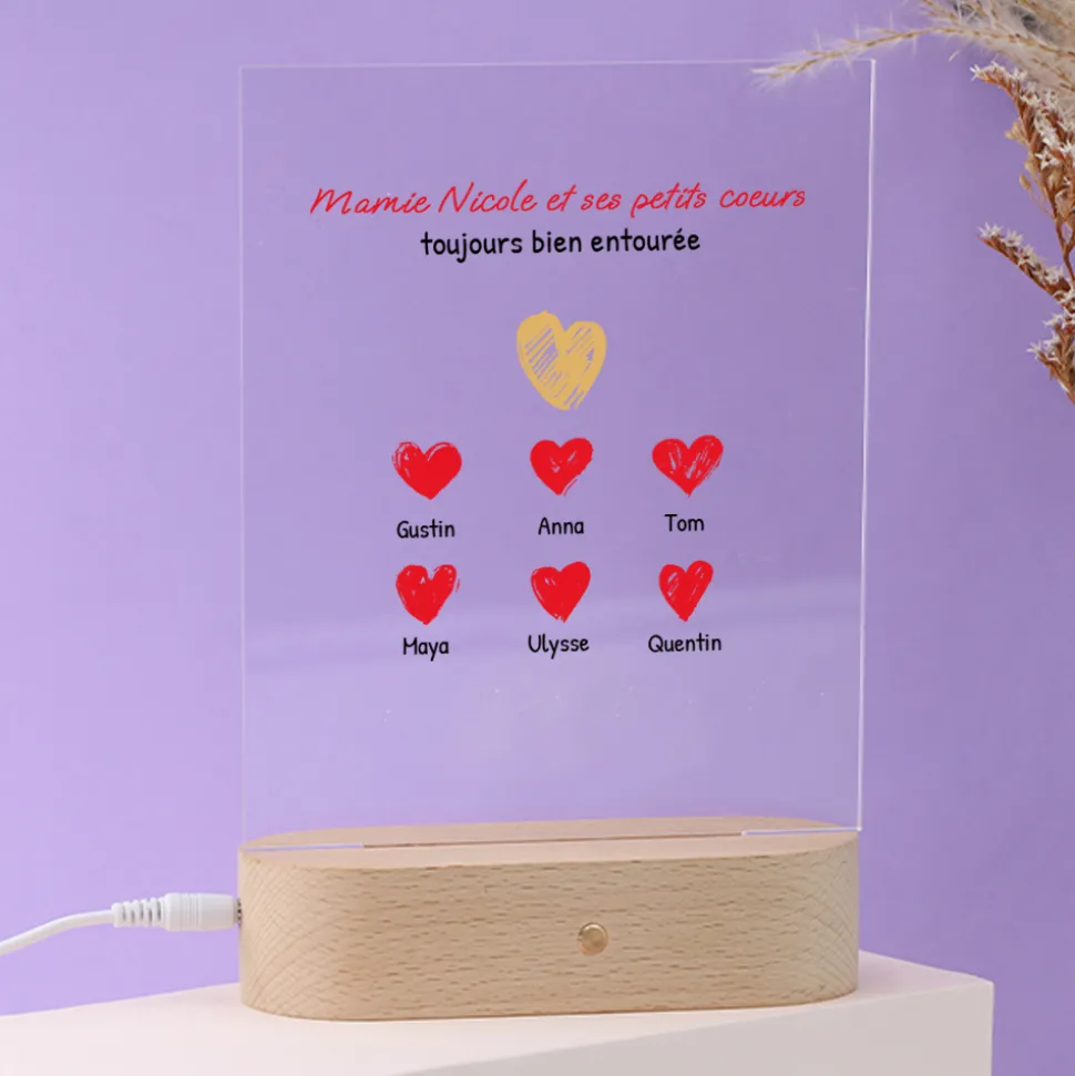 Lampe 3D personnalisée - Mamie et ses petits coeurs
