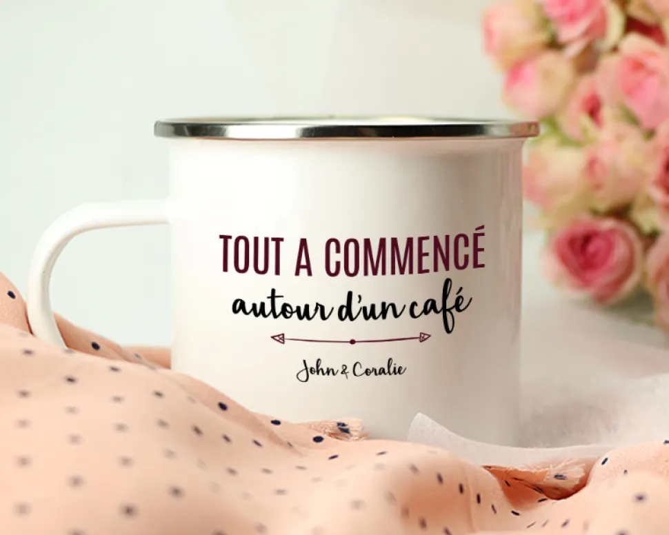 Mug émaillé personnalisé couple - Là où tout a commencé