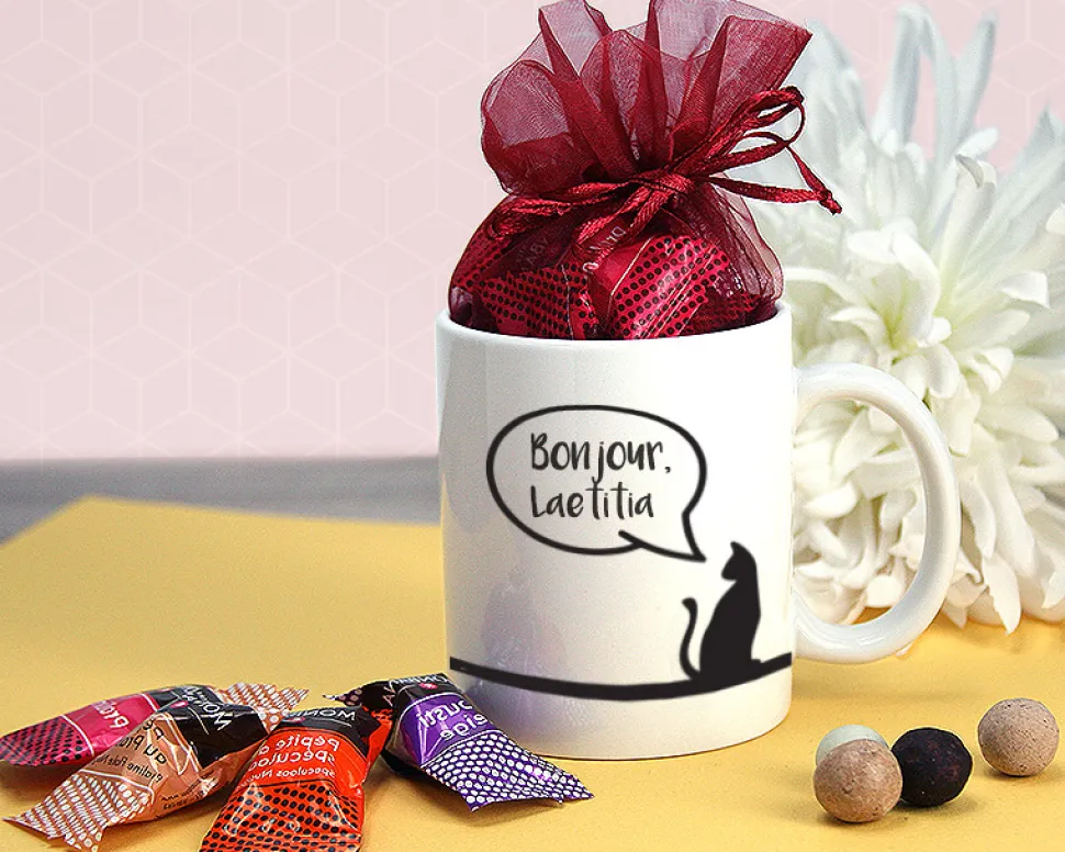 Mug personnalisé prénom - Mon petit chat - Avec chocolats Monbana