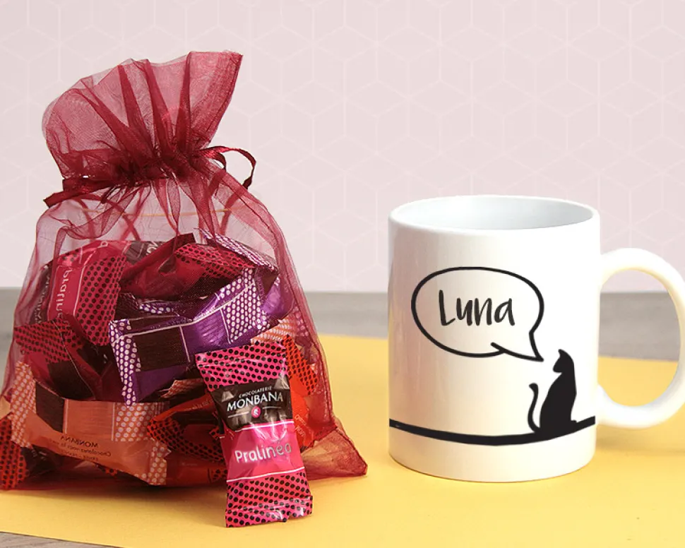 Mug personnalisé prénom - Mon petit chat - Avec chocolats Monbana