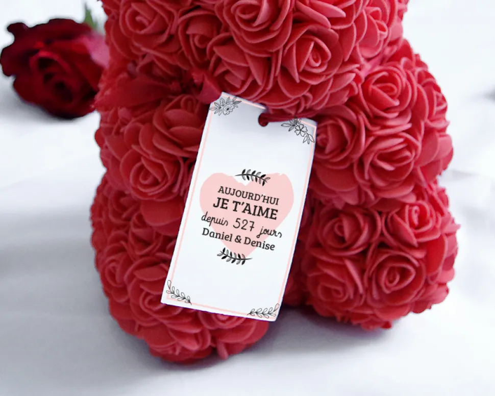 Ours en roses avec carte personnalisée - Aujourd'hui je t'aime depuis