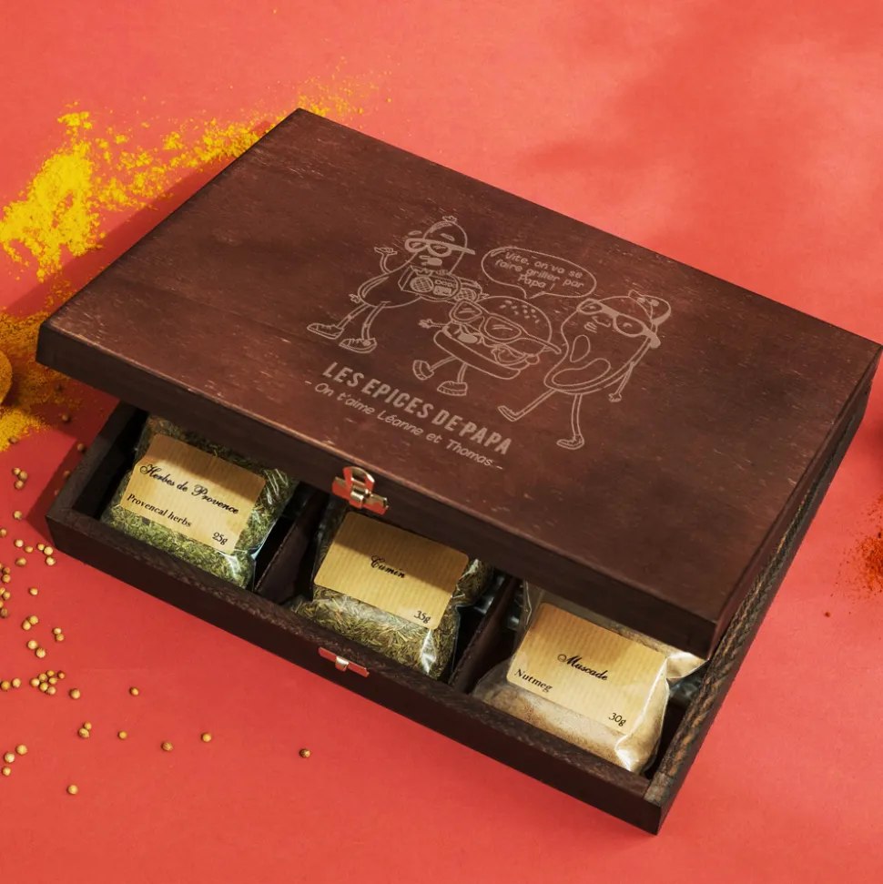 Petit coffret d'épices gravé « On va se faire griller » - 9 épices du monde