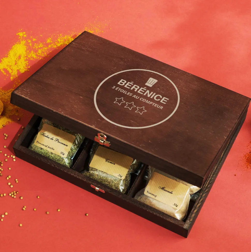 Petit coffret d'épices gravé "Chef étoilé" - 9 épices du monde