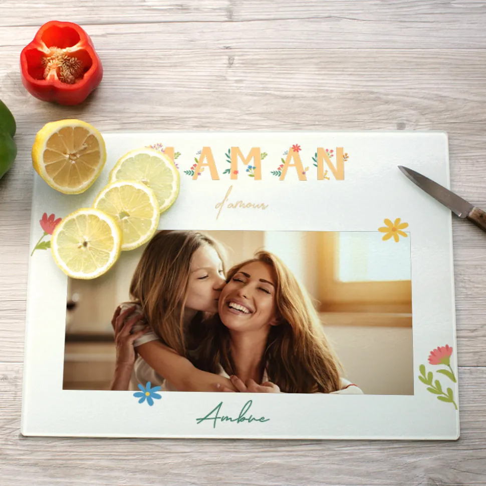 Planche à découper en verre personnalisée - Amour Fleuri