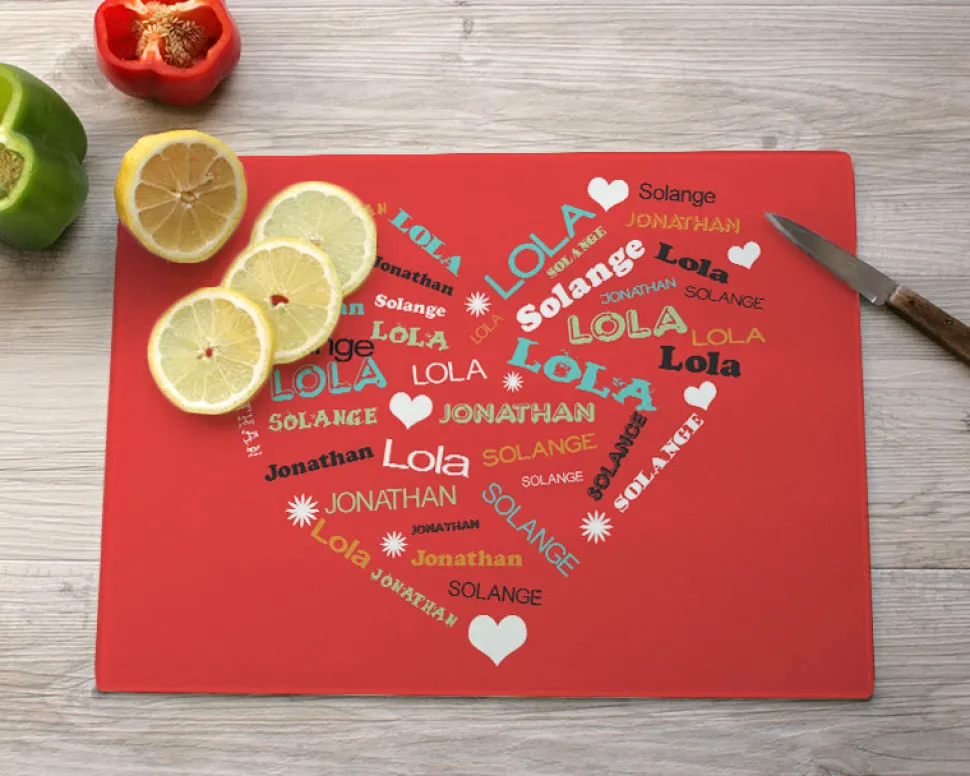 Planche à découper en verre personnalisée - Coeur Famille