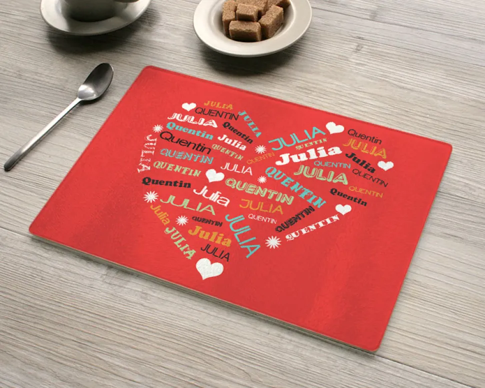 Planche à découper en verre personnalisée - Coeur Famille