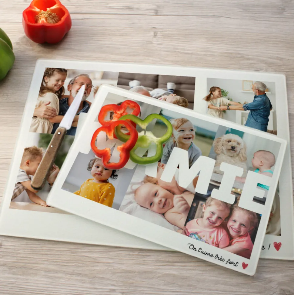 Planche à découper en verre personnalisée - Multi photos famille