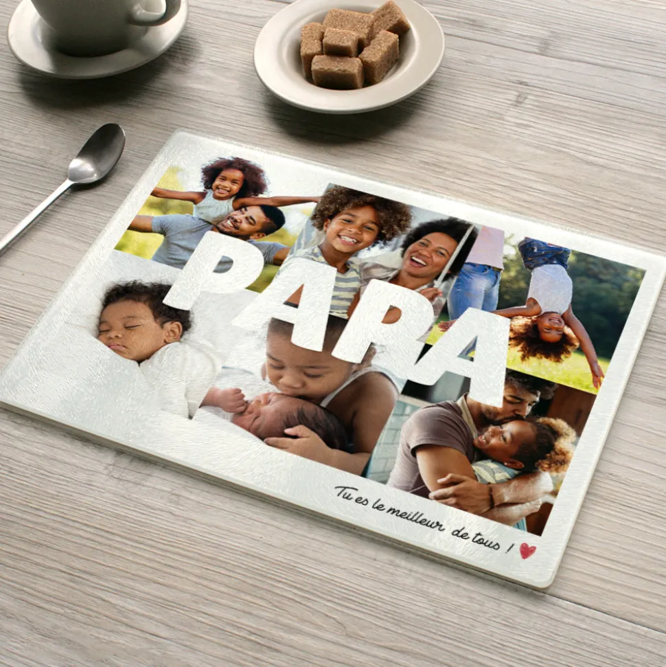 Planche à découper en verre personnalisée - Multi photos famille