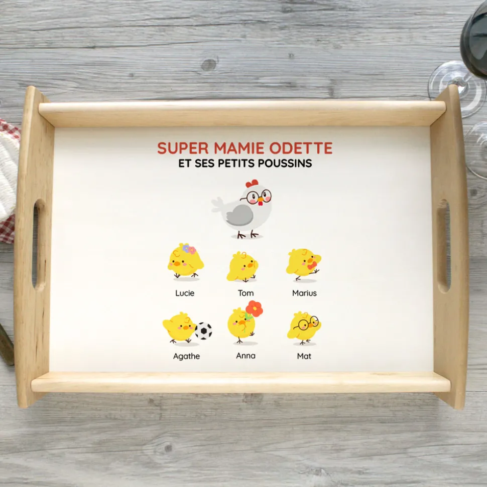 Plateau en bois personnalisé - Famille poussins