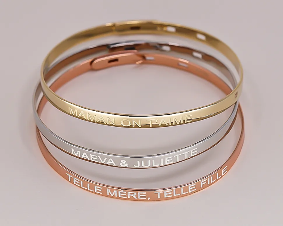Trio de bracelets joncs personnalisés - Plaqué or, argent et argent rosé