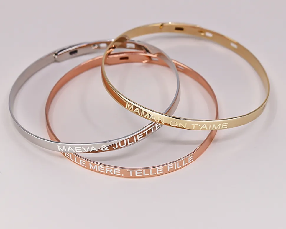 Trio de bracelets joncs personnalisés - Plaqué or, argent et argent rosé