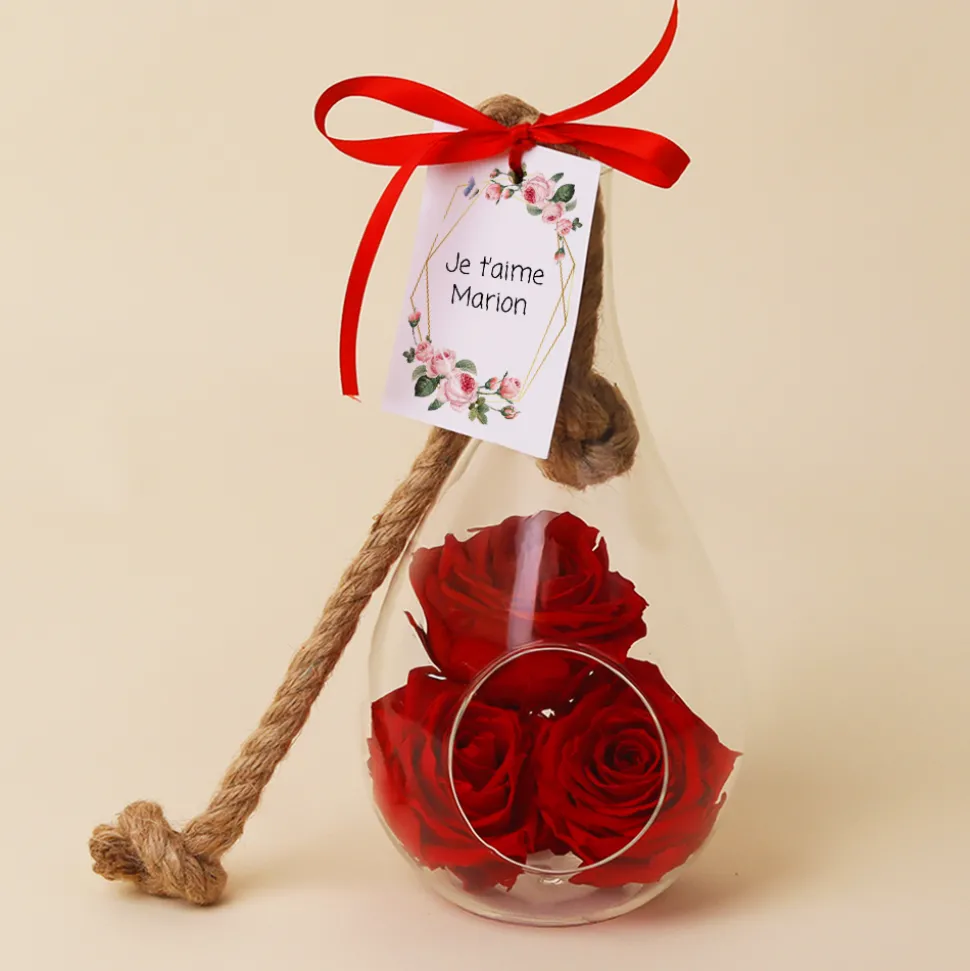 Vase suspendu avec roses éternelles - Message personnalisé